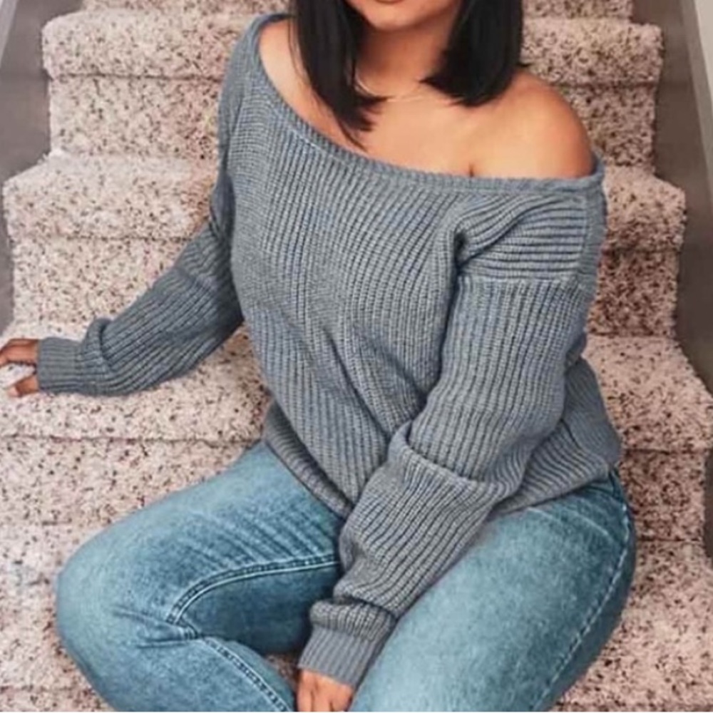 Trendy Comfy Off Shoulder Rib Knit Long Sleeve Loose Soft Kitting Khaki Sweater
